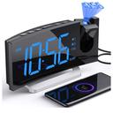 Projection Alarm Clock with FM Radio, USB Charging Port, 0-100% Dimmer, Dual Alarms, HD LED Display, 30 Preset Stations, Sleep Timer, 5 Alarm Sounds, Snooze, Curved Screen, Digital Clock for Bedroom