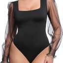 FeelinGirl Long Sleeve Bodysuit Square Neck Shapewear Body Suits Tummy Control Mesh Long Sleeve Bodysuit Going Out Tops (Medium, Black)