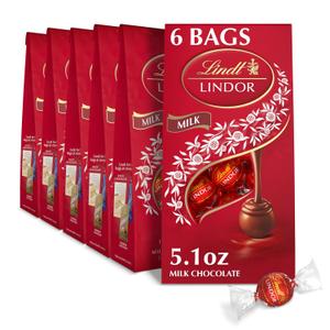 Lindt LINDOR Milk Chocolate Truffles, Milk Chocolate Candy with Smooth, Melting Truffle Center, Great for Gift Giving, 5.1 oz. Bag (6 Pack) (EXP 09/30/26)