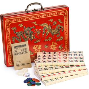 Cedilis Chinese Mahjong Game Set with 146 Large Tiles(1.4", Ivory), 2 Dice and Red Carrying Case for Chinese Style Game, Family Gathering