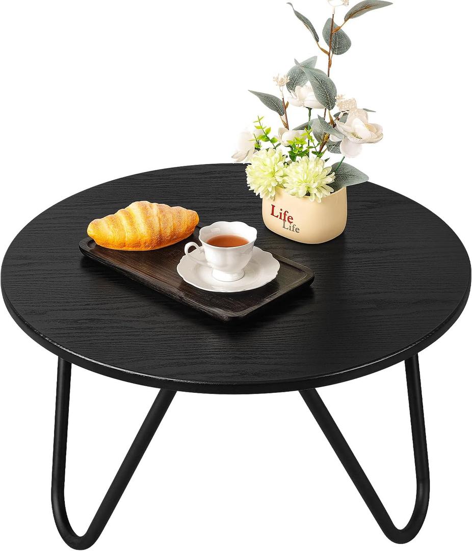 Round Coffee Table Black Wooden Coffee Tables for Living Room Mid-Century Modern Center Table Wood Grain Desktop and Metal Legs Easy to Assemble, 23.6 x 13.7 inches