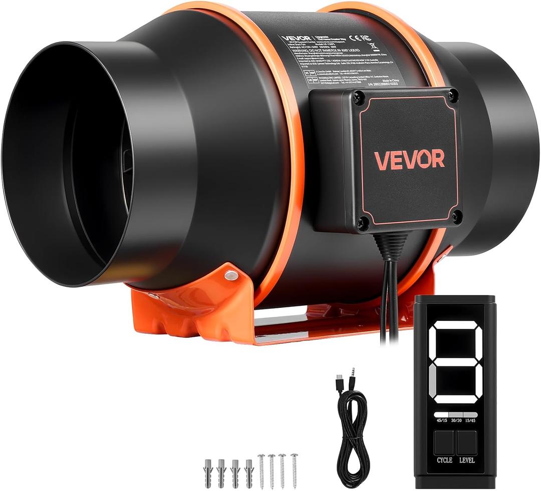 VEVOR Inline Duct Fan, 402 CFM 6 inch EC Motor Ventilation Fan with 3-Speed Circulation, 10-Speed PWM Controller, Timer-Controlled Operation, Cooling for Grow Tents, Indoor Gardening, Hydroponics