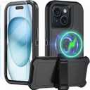 Magnetic for iPhone 15 Plus Case,with Belt Clip,[Compatible with Magsafe] W/Tempered Glass Screen Protector,Anti-Drop,Shockproof,Heavy Duty Protection (Black)