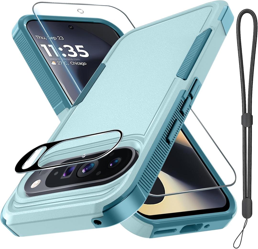 Case for Google Pixel 9/9 Pro, Full Body Heavy Duty Rugged Shockproof Protective Phone Cover with Lanyard Strap, Tempered Glass Screen Protector and Camera Lens Cover, Mint Green