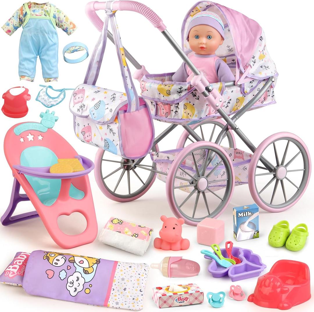 Baby Doll Stroller Playset for Girls Toddlers 3-5 4-6 5-7 Year Old to Play House Games. Stroller Toy with 12.5" Baby Doll, Dining Chair, Quilt Pillow, 24 PCS Doll Accessories and 2 Sets Clothes.
