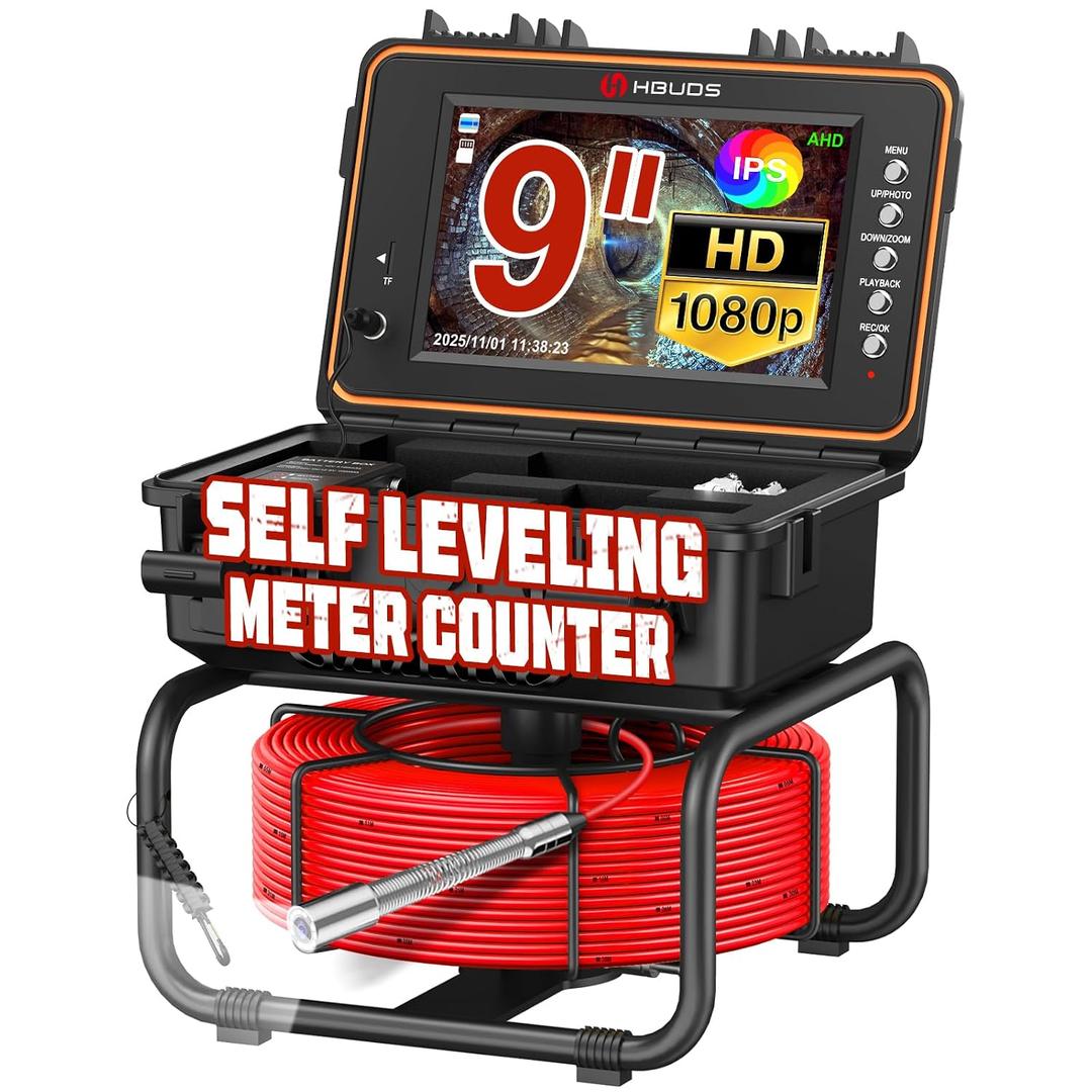Sewer Camera Self Leveling 165ft with Meter Counter, 9" IPS Monitor 1080P HD Drain Cameras, 5100mAh Battery Pipe Plumbing Camera Snake with Light, Waterproof Sewer Inspection Scope DVR 32GB