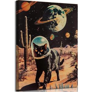 Ijeroain Black Space Cats Wall Art Funny Cat Wall Decor Pictures Cat astronaut painting artwork Cosmic planet Whimsical Print for Boys and Girls Room Bedroom home decoration 12x16in Canvas