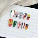 2 x 24Pcs World Cup Press on Nails Medium Almond Fake Nails with Soccer Star Design Glossy Cat Eye Green Blue Red Glitter Nails Press on White Striped Glue on Nails Reusable Summer Holiday Nail for Women