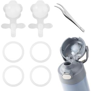 4 x 2pcs Replacement Stopper with 4pcs Seal O-Ring Gasket for Thermos Funtainer 16oz Stainless Steel Vacuum Insulated Bottle, Flower Silicone Lid Plug with Gasket & Tweezers (Transparent)
