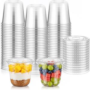 Ziliny 50 Sets 10 oz Clear Plastic Dessert Cups with Lids, Disposable Parfait Yogurt Fruit Cups with Flat Lids No Hole Yogurt Overnight Oats Containers for Parfait, Ice Cream, Pudding, Cake, Snacks