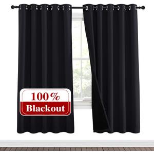 NICETOWN 100% Blackout Window Curtain Panels, Full Light Blocking Drapes with Black Liner for Nursery, 72 inches Drop Thermal Bedroom Drapes and Curtains (Black, 2 Pieces, 62 inches Wide Per Panel)