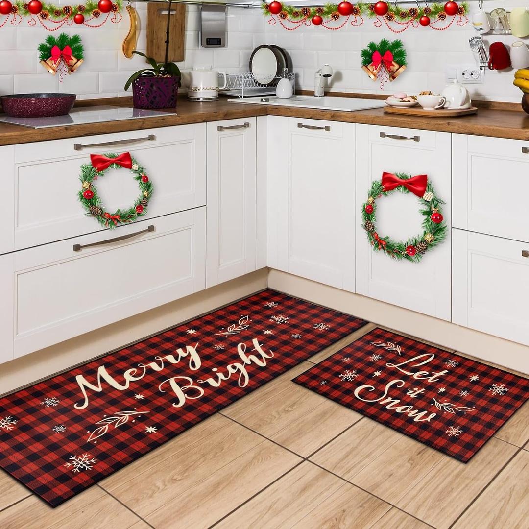 WERNNSAI Kitchen Rugs - 2 Piece Kitchen Mats Set Non-Slip Kitchen Backing Area Rugs (Xmas-Red Plaid)