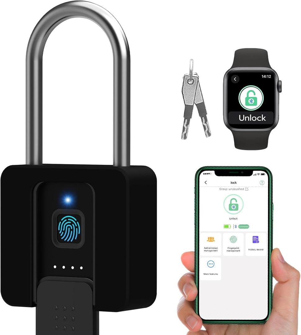 Fingerprint Lock, 2.7'' Long Shackle Heavy Duty Outdoor Padlock with Fingerprint Key Bluetooth APP, Weatherproof Biometric Electronic Gate Lock with Protective Shell for Fence Shed Gym Yard