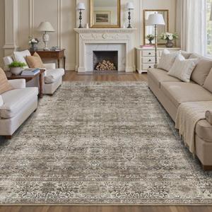 8x10 Washable Area Rug Grey Brown Vintage Rug for Living Room Bedroom Low Pile Soft Non-Slip Boho Rug for Under Table Boho Distressed Retro Carpet for Bedroom Kitchen Office Dining
