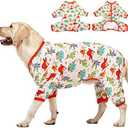 LovinPet Large Dog Pajamas, Undershirt for Dog Coats, Anti Licking, Pitbull Clothes, Pet Anxiety Calming Onesies for Dogs, White Dinos Print, Pet Pajamas for Dogs, Pitbull Shirt, 2XL