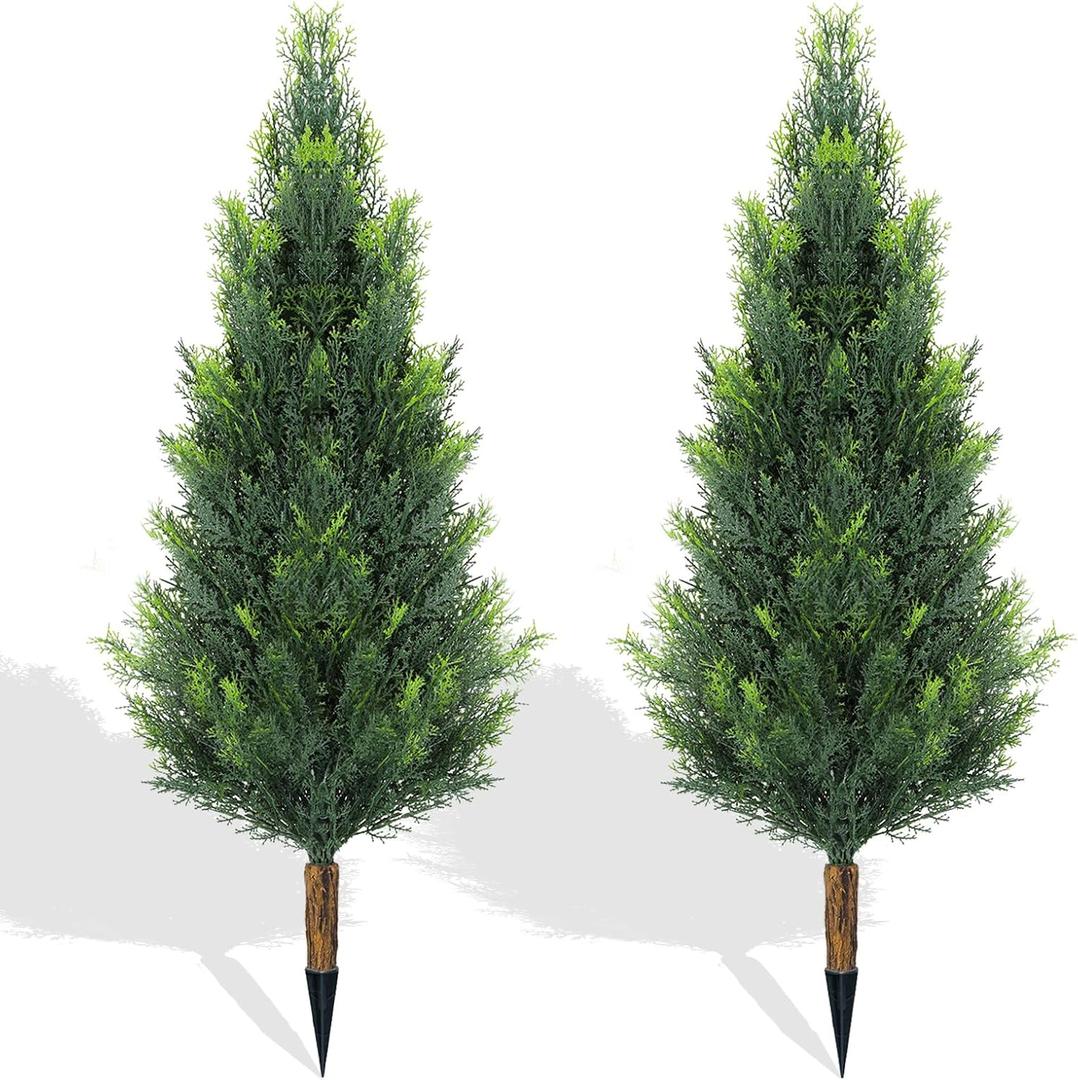 3FT Artificial Topiary Cedar Trees Outdoor, Outdoor Topiary Set of 2 Faux Cypress Plants with Ground Spike, UV Resistant Topiary Trees for Front Porch Garden Backyard Room Decor