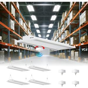 LED Linear High Bay Shop Light With Motion Sensor 300W, Larger Central Lighting Area, 45000LM, 120-277V, 0-10V, 5000K, Commercial Linear High Bay Led Shop Lights for Warehouse Industrial, 4 Pack, UL