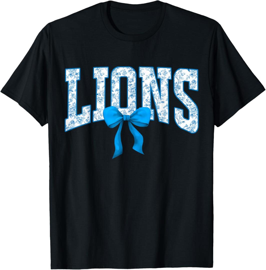 Lions Floral Toile Blue Coquette Bow Girls Womens Kids T-Shirt, Small