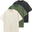 Men's Cotton T-Shirts Oversized Unisex Short Sleeves Casual Loose Wash Solid Basic Tee Tops (XX-Large, Beige+armygreen+black)