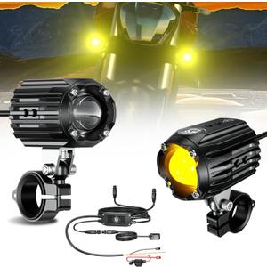 Motorcycle Auxiliary LED Light Driving Spotlights White/Amber Fog Lights with Mount Brackets Wire Harness Waterproof Offroad Work Lights Compatible with Motorcycle J-eep Car Truck 60W Driving Lamps