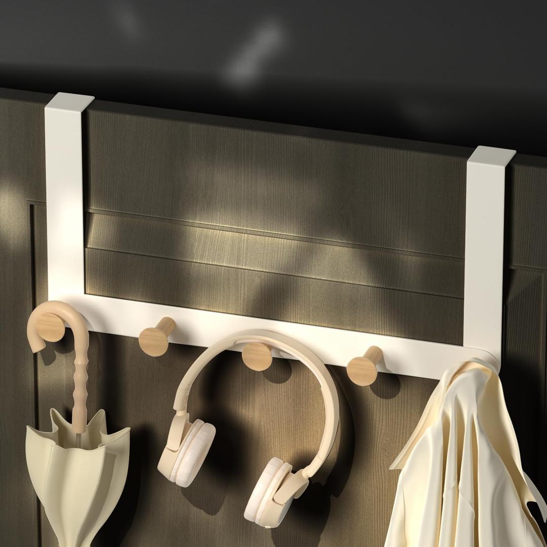 Over The Door Hooks with 5 Wooden Hooks,Door Hanger,Towel Rack for Bathroom Wall Mount Towel Hanger, Towels Holder for Hanging Heavy Duty with 5 Hooks for Pool Bedroom Bathroom Kitchen