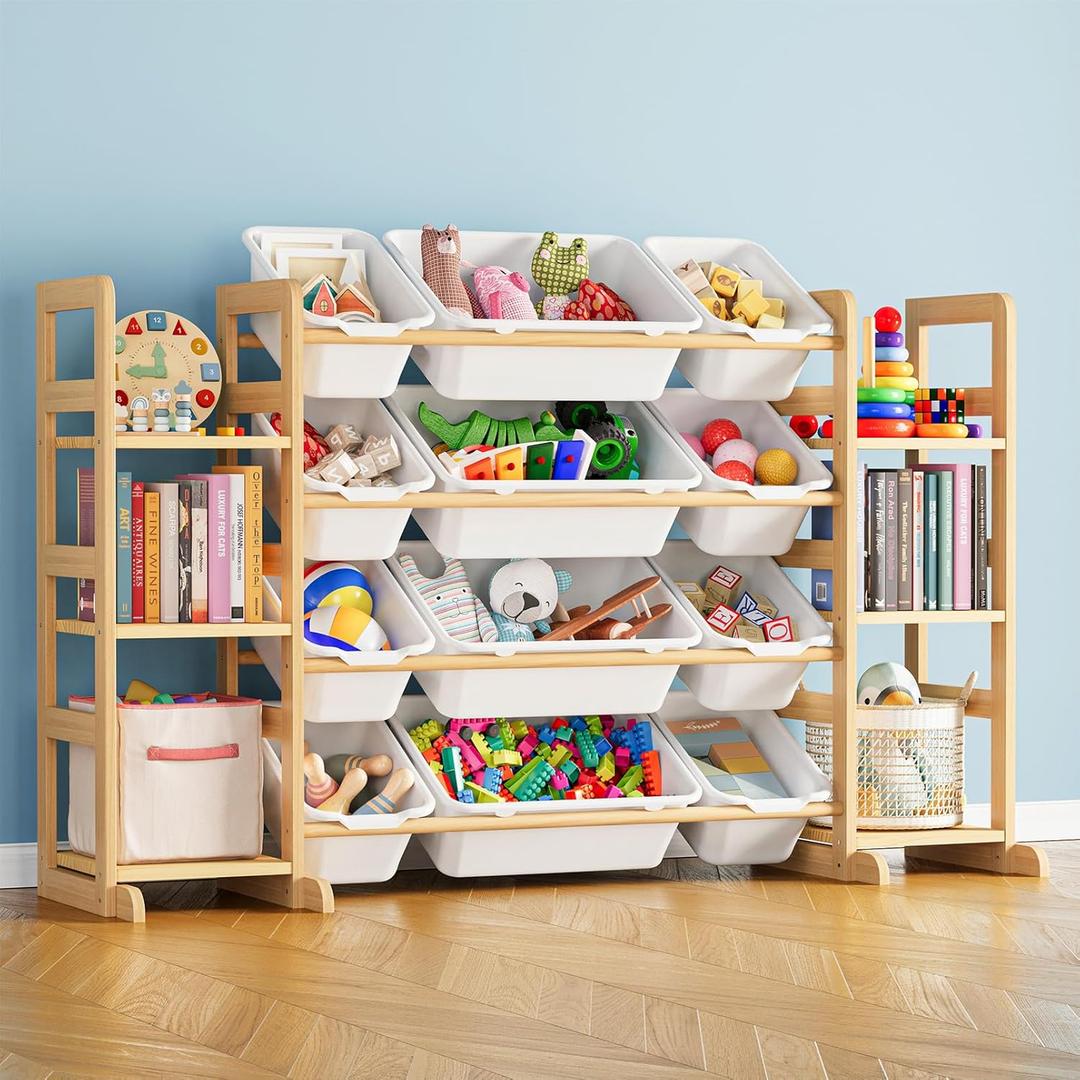 SpaceAid Toy Storage Organizer with 6 Shelves and 12 Bins, Bookshelf/Bookcase, Kids Bin Shelf, Toys Box for Playroom Organization for Bedroom & Room Decor, White, 52.3" W