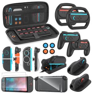 Switch 2 Accessories Bundle for Nintendo Switch 2 (2025): Carrying Case, Console Protective Cover&TPU Grips, HD Screen Protector, Joy-Con Charger, FPS Mouse Grip, 4 x Thumb Grips, Steering Wheel Joycon Grip for Mario Kart, Wrist Straps for Just Dance