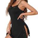 Marvmys Women's Sexy Lace Babydoll Nightgown Sleeveless Chemise Side Slit Lingerie Modal Sleepwear (Black, L)