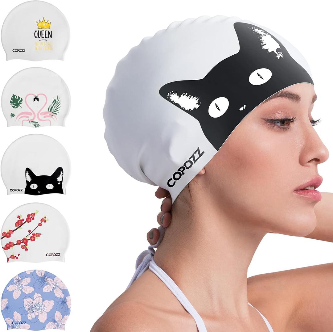 COPOZZ Adult Swim Caps, Silicone Waterproof Comfortable Swimming Cap for Women, Long and Short Hair (Black Cat-12yrs+)