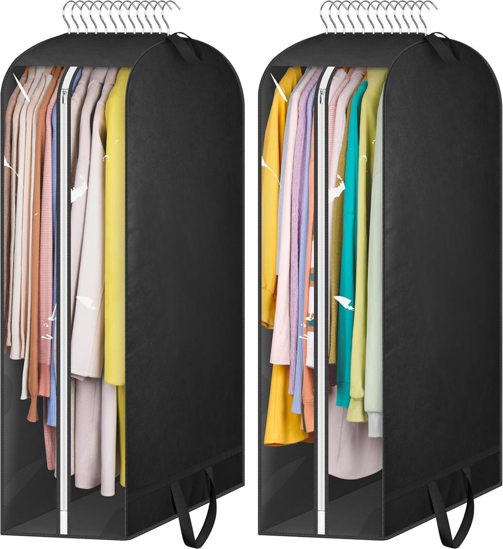 KIMBORA 10" Gusseted Clear Garment Bags for Hanging Clothes Storage, 43" Suit Bags for Closet Storage with Handles, Garment Covers for Coats, Jackets, Sweaters (2 Packs, Black)