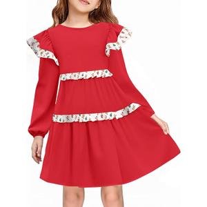 Haloumoning Girls Long Sleeve Dress Kids Ruffle Babydoll Dress Casual Party Swing Dresses, Size 140