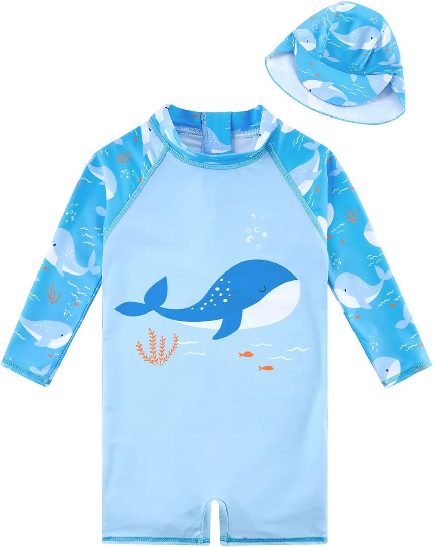 ADUKIDE Baby Boys Swimsuit Summer Beach Rash Guard Swimwear One Piece Sunsuit with Sun Hat 3-24 Months (12-18 Months, Whale Blue)