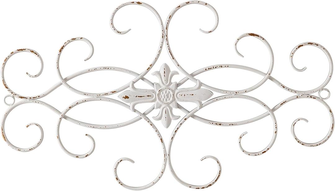 Sintosin Vintage Large Distressed White Wrought Iron Wall Decor 32" x 18", Hanging Antique Metal Wall Art Decor for Living Room, Rustic Scroll Wall Decor Outdoor Indoor, Vertical and Horizontal
