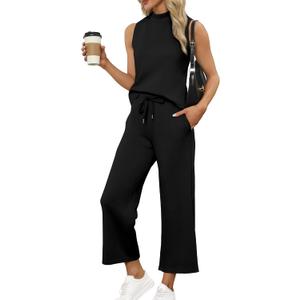 SAMPEEL Two Piece Sets for Women Summer Outfits Lounge Sets Mock Neck Tops Wide Leg Crop Pants Vacation Travel Outfits, Small