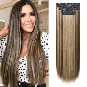 REECHO 24" Straight Long 4 PCS Set Thick Clip in on Hair Extensions Chocolate Brown with Blonde Highlights