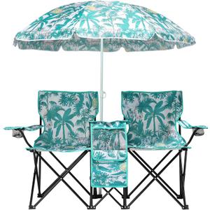 Double Folding Camping Chair W/Umbrella Fold Up Table Beverage Holder Carrying Bag Cooler for Patio Pool Park Outdoor Beach, Picnic, Portable (Pineapple)