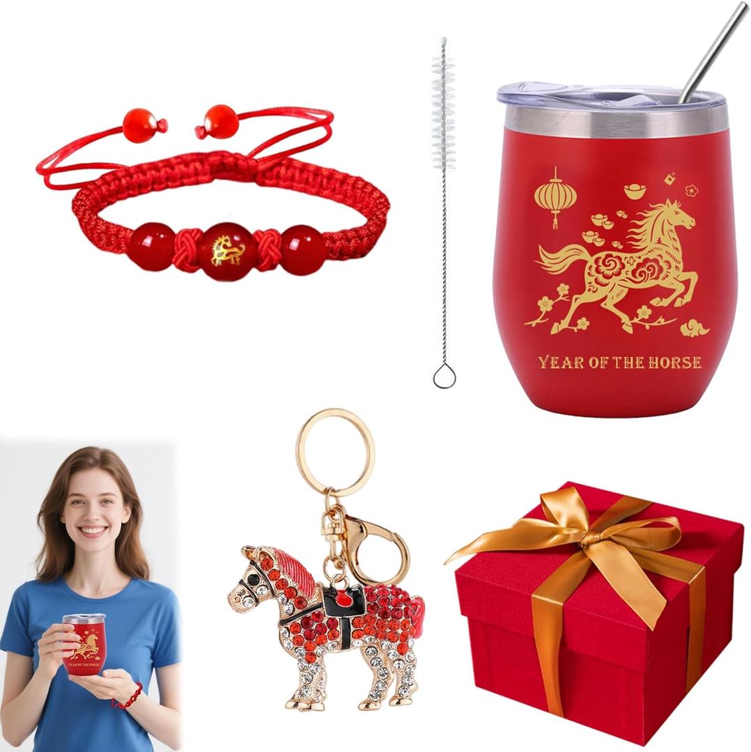 6 Pcs Year of The Horse 2026 Chinese New Year Gifts, 12oz Stainless Steel Insulated Tumbler with Lid, Horse Beaded Bracelet Rhinestone Keychain Lunar New Year Gifts for celebration with family friends