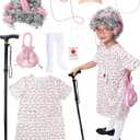 9 PCS Old Lady Costume for Kids,100 Days of School Costume Girls,Granny Grandma Costume Kids Old Lady Wig Accessories (8-10Y)