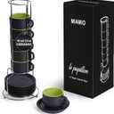 MIAMIO - 2.5 oz Espresso Cup Set with Saucers Set of 6 - Ceramic Coffee Mug Stackable Espresso Mug with Stand for Coffee Drinks, Latte, Cafe Mocha - Le Papillon Collection (Green)