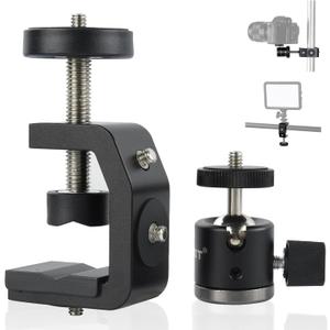 UTEBIT Super Clamp Mount with Mini Ball Head Mount, 1/4 Screw Hot Shoe Mount Adapter Camera Clamp Mount for Desk, Bicycle Gopro Clamp Mount Compatible for DJI Action 2/Insta360, Black (30mm)