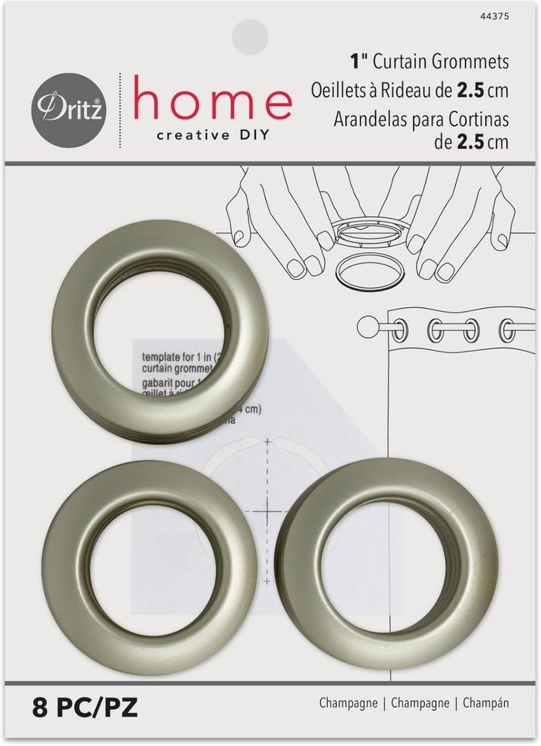 Dritz Curtain Grommets, 1" (25 mm) Inner Diameter, Heavy-Duty Plastic, Champagne Color, Snap-On Design, Tool-Free Installation, 8-Pack