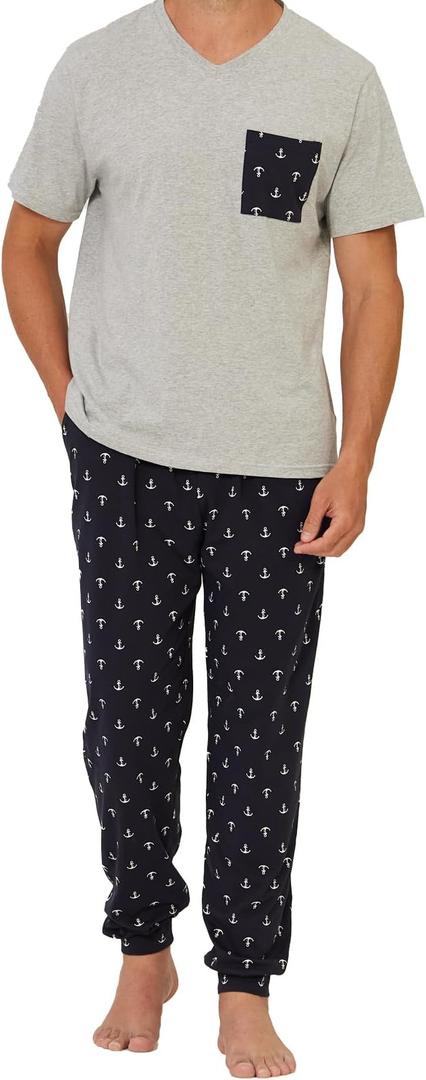 Keyocean Mens Pajama Set, Soft Cotton V-Neck Short-Sleeve T-Shirt & Pants Summer PJ Set for Sleeping L