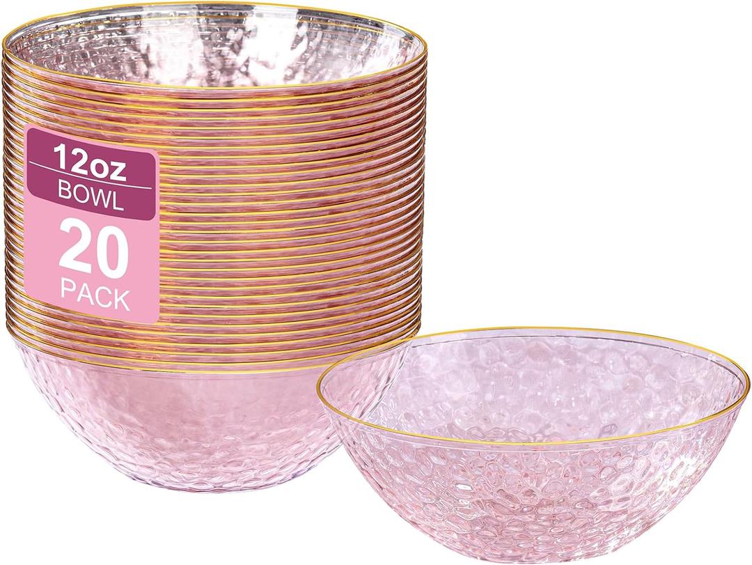 I00000 20 Pack 12 Ounce Pink Plastic Bowls Hammered Gold Rimmed Crystal Like, Heavy duty Disposable Bowl Set,Elegant Soup/Salad/Dessert/Ice Cream Small Bowls For Thanksgiving Party, Weddings, Catering