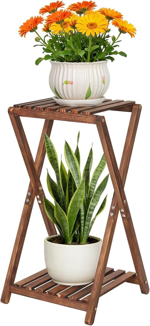 Tall Plant Stand Indoor, Wooden 2 Tier Plant Shelf for Multiple Plants, Corner Square Plant Display Rack, Flower Potted Stand for Living Room Balcony Bedroom Office