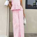 Tanming Women's 2 Piece Set Outfits Gingham Plaid Tank Tops Wide Leg Pants Matching Lounge Sets (Pink, M)