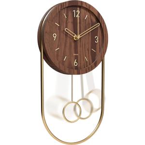 Driini Decorative Wall Clock with Pendulum (Dark)  Modern Wood, 3D Gold Numbers, Metal Frame  Small, Unique Wall Clocks for Living Room Decor or Bathroom - Battery Operated, Silent, Non-Ticking (4. Dark (Wood))
