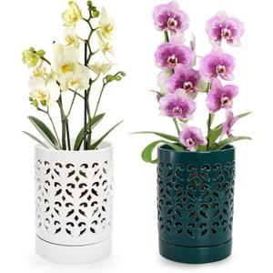 Jucoan 2 Pack Orchid Pots with Holes and Saucer, 4 Inch Ceramic Slotted Orchid Planter Pots for Repotting Indoor Outdoor Plant, Elegant Beige White and Green