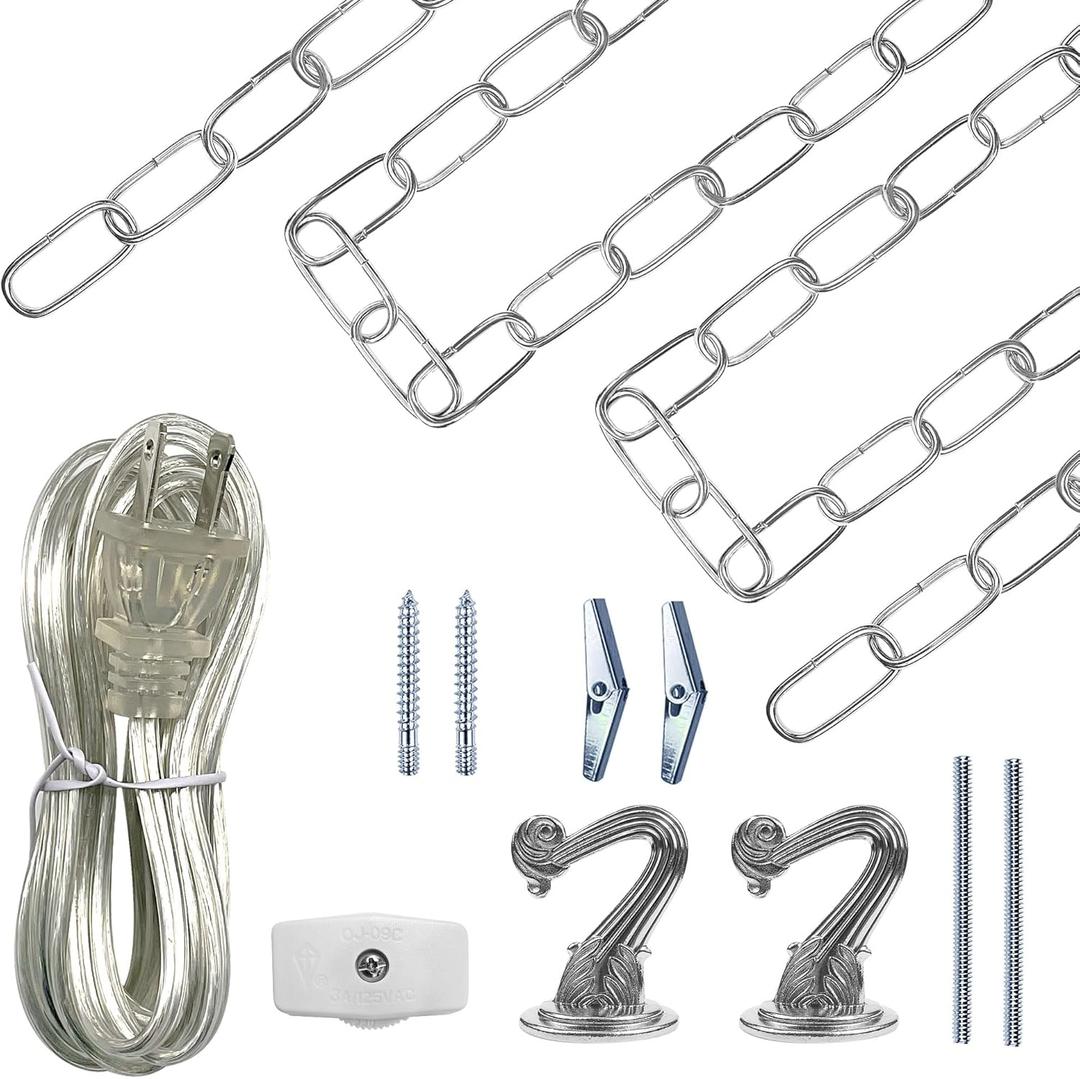 ECUDIS Swag Light Kit, Lamp Parts Chandelier Light Fixture Chain Swag Kit Includes 12 Ft Chain, 15 Ft Cord with Switch, 2 Swag Hooks and Mounting Hardware (Nickel)