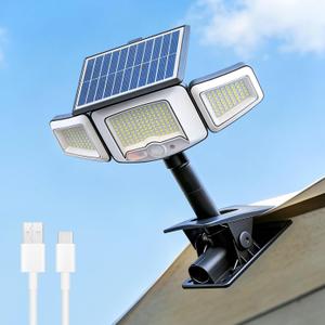 Tryme Clip On Solar Lights Outdoor, Motion Sensor, 231 LEDs 1500 Lumens | 3 Heads Clamp Solar Flood Lights, Solar & USB Charging, Security Lights for Fence, House, RV (No Screws, 1 Pack)