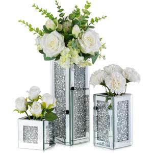 Silver Rectangle Glass Vases for Decor: Hewory Tall Crushed Diamond Mirror Vase for Centerpieces - Large Decorative Mirrored Containers for Dried Flowers, Bling Big Crystal Vases for Home Decoration